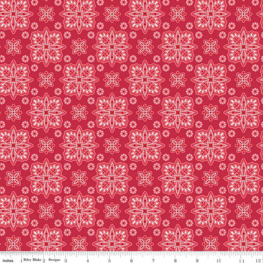Image of the Americana Parade Berry quilting cotton fabric by Lori Holt for Riley Blake Designs. Features flowers on a red background. Cute Little Fabric Shop