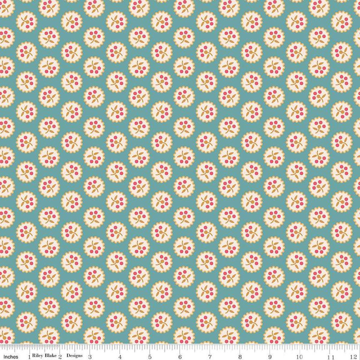 Image of the Americana Betsy Raindrop quilting cotton fabric by Lori Holt for Riley Blake Designs. Features flowers on a blue background. Cute Little Fabric Shop