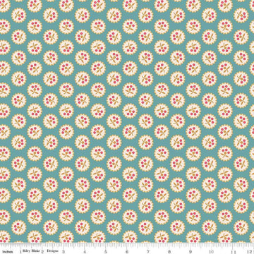 Image of the Americana Betsy Raindrop quilting cotton fabric by Lori Holt for Riley Blake Designs. Features flowers on a blue background. Cute Little Fabric Shop