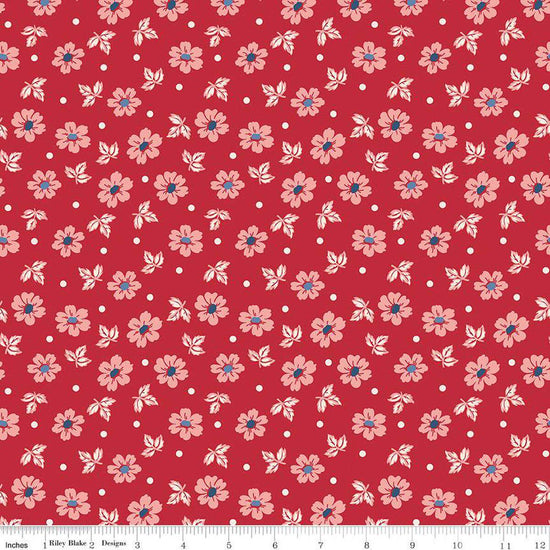 Image of the Americana Washington Berry quilting cotton fabric by Lori Holt for Riley Blake Designs. Features flowers on a red background. Cute Little Fabric Shop