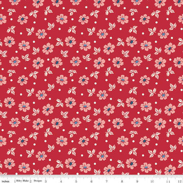 Image of the Americana Washington Berry quilting cotton fabric by Lori Holt for Riley Blake Designs. Features flowers on a red background. Cute Little Fabric Shop