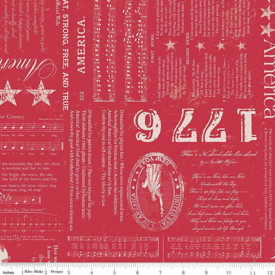 Image of the Americana Liberty Berry quilting cotton fabric by Lori Holt for Riley Blake Designs. Features text on a red background. Cute Little Fabric Shop