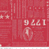Image of the Americana Liberty Berry quilting cotton fabric by Lori Holt for Riley Blake Designs. Features text on a red background. Cute Little Fabric Shop
