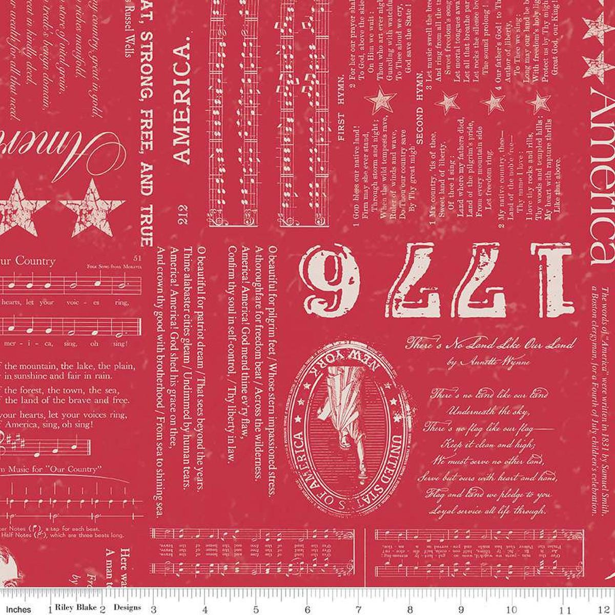 Image of the Americana Liberty Berry quilting cotton fabric by Lori Holt for Riley Blake Designs. Features text on a red background. Cute Little Fabric Shop