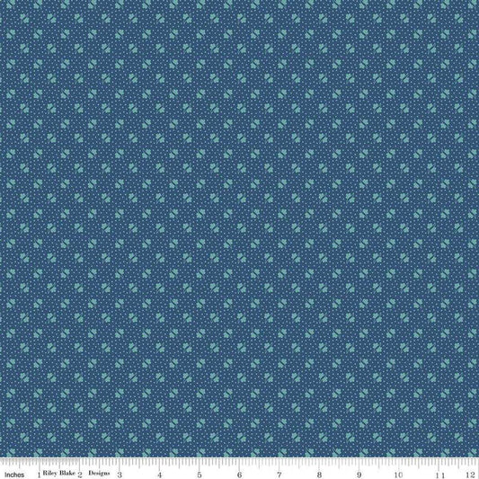 Image of the Americana Unity Dark Denim quilting cotton fabric by Lori Holt for Riley Blake Designs. Features flowers on a blue background. Cute Little Fabric Shop