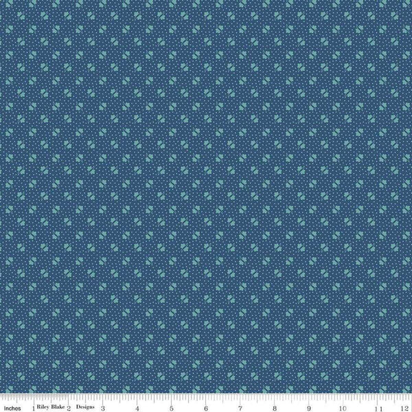 Image of the Americana Unity Dark Denim quilting cotton fabric by Lori Holt for Riley Blake Designs. Features flowers on a blue background. Cute Little Fabric Shop
