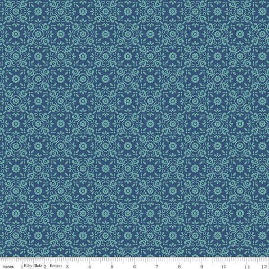 Image of the Americana Justice Dark Denim quilting cotton fabric by Lori Holt for Riley Blake Designs. Features flowers on a blue background. Cute Little Fabric Shop