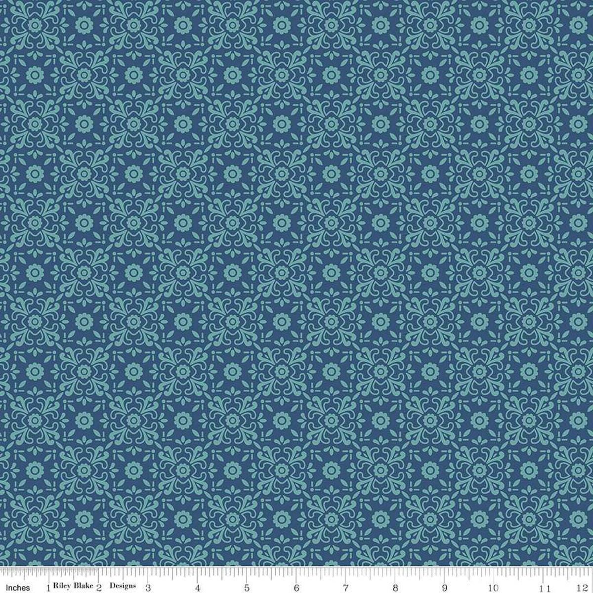 Image of the Americana Justice Dark Denim quilting cotton fabric by Lori Holt for Riley Blake Designs. Features flowers on a blue background. Cute Little Fabric Shop