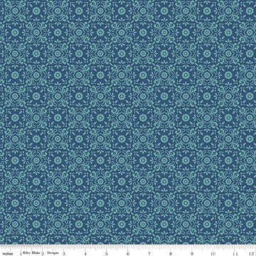Image of the Americana Justice Dark Denim quilting cotton fabric by Lori Holt for Riley Blake Designs. Features flowers on a blue background. Cute Little Fabric Shop