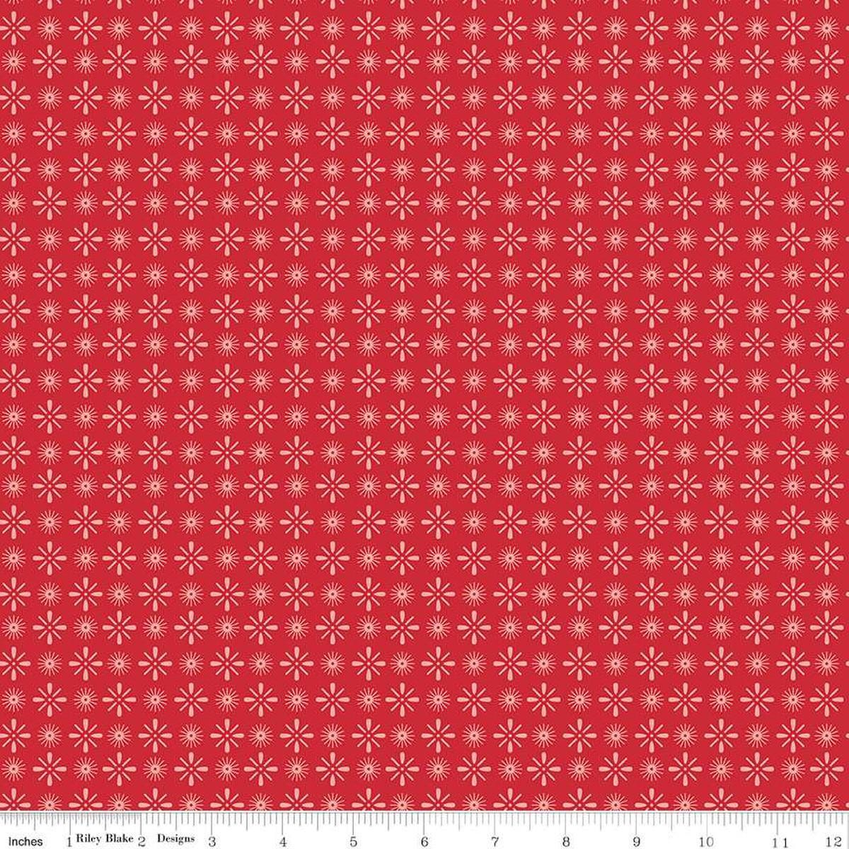 Image of the Americana Independence Riley Red quilting cotton fabric by Lori Holt for Riley Blake Designs. Features flowers on a red background. Cute Little Fabric Shop