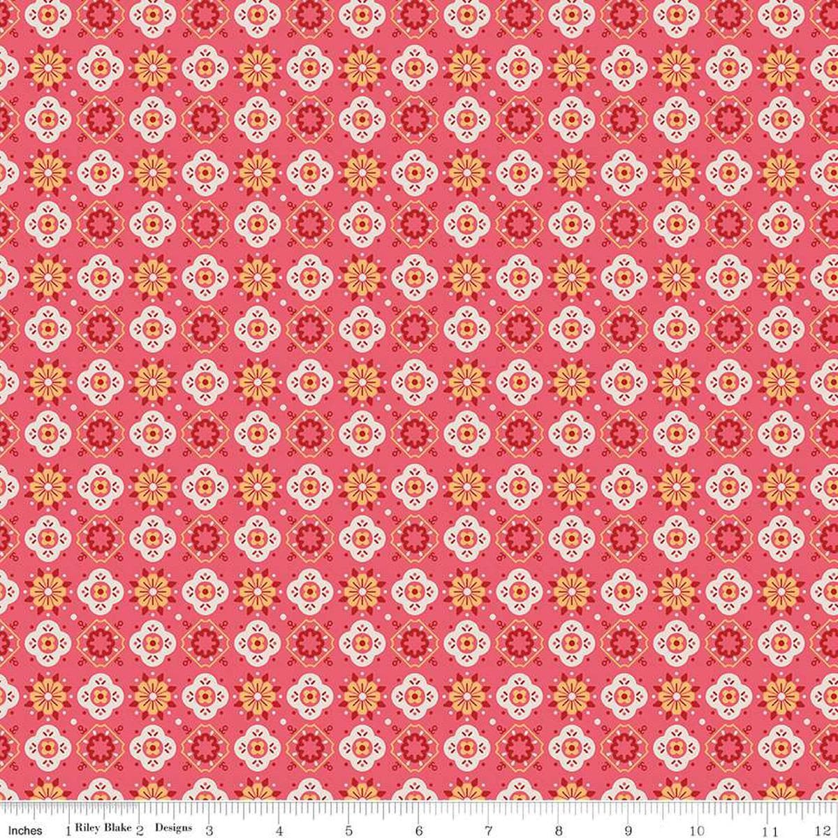 Image of the Americana Honor Tea Rose quilting cotton fabric by Lori Holt for Riley Blake Designs. Features flowers on a red background. Cute Little Fabric Shop