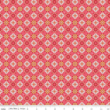 Image of the Americana Honor Tea Rose quilting cotton fabric by Lori Holt for Riley Blake Designs. Features flowers on a red background. Cute Little Fabric Shop
