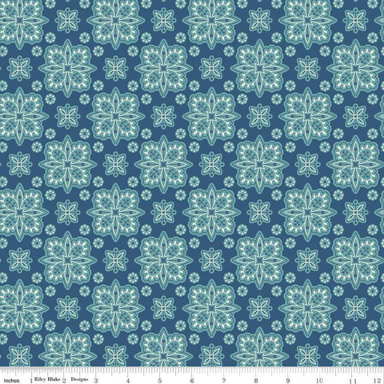 Image of the Americana Honor Dark Denim quilting cotton fabric by Lori Holt for Riley Blake Designs. Features flowers on a blue background. Cute Little Fabric Shop