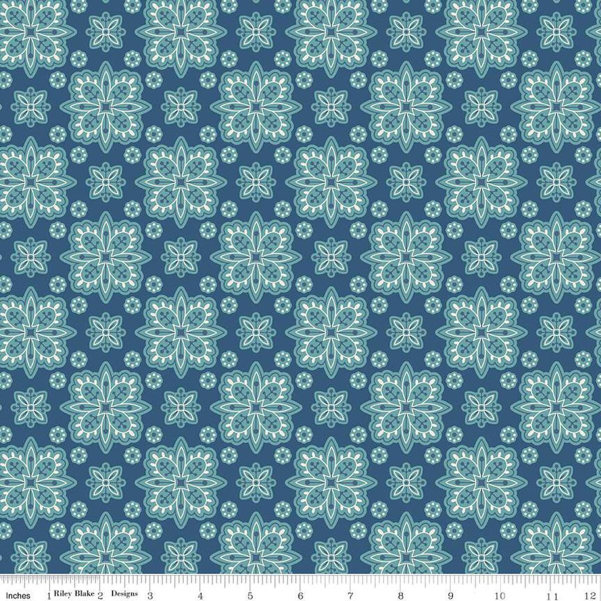 Image of the Americana Honor Dark Denim quilting cotton fabric by Lori Holt for Riley Blake Designs. Features flowers on a blue background. Cute Little Fabric Shop