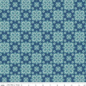 Image of the Americana Honor Dark Denim quilting cotton fabric by Lori Holt for Riley Blake Designs. Features flowers on a blue background. Cute Little Fabric Shop