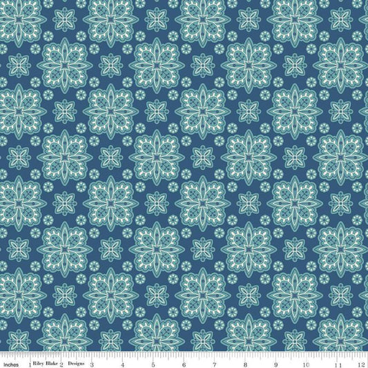 Image of the Americana Honor Dark Denim quilting cotton fabric by Lori Holt for Riley Blake Designs. Features flowers on a blue background. Cute Little Fabric Shop