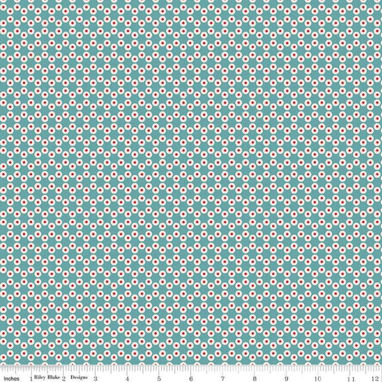 Image of the Americana Patriot Raindrop quilting cotton fabric by Lori Holt for Riley Blake Designs. Features circles on a blue background. Cute Little Fabric Shop