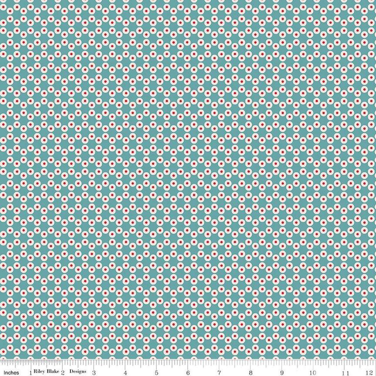 Image of the Americana Patriot Raindrop quilting cotton fabric by Lori Holt for Riley Blake Designs. Features circles on a blue background. Cute Little Fabric Shop
