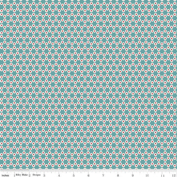 Image of the Americana Patriot Raindrop quilting cotton fabric by Lori Holt for Riley Blake Designs. Features circles on a blue background. Cute Little Fabric Shop