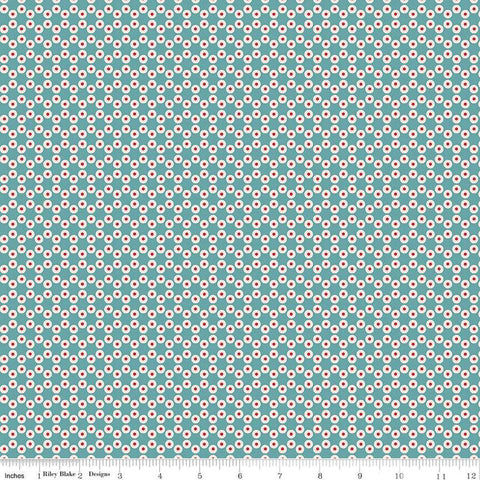 Image of the Americana Patriot Raindrop quilting cotton fabric by Lori Holt for Riley Blake Designs. Features circles on a blue background. Cute Little Fabric Shop