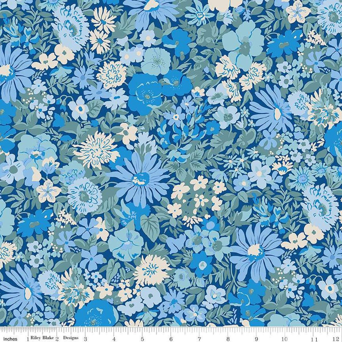 Image of the Wide Width Collection Malvern Field C quilting cotton fabric by Riley Blake Designs. Features floral fabrics on a blue background. Cute Little Fabric Shop