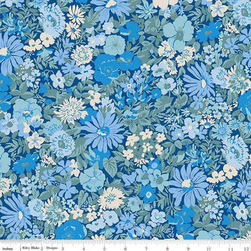 Image of the Wide Width Collection Malvern Field C quilting cotton fabric by Riley Blake Designs. Features floral fabrics on a blue background. Cute Little Fabric Shop