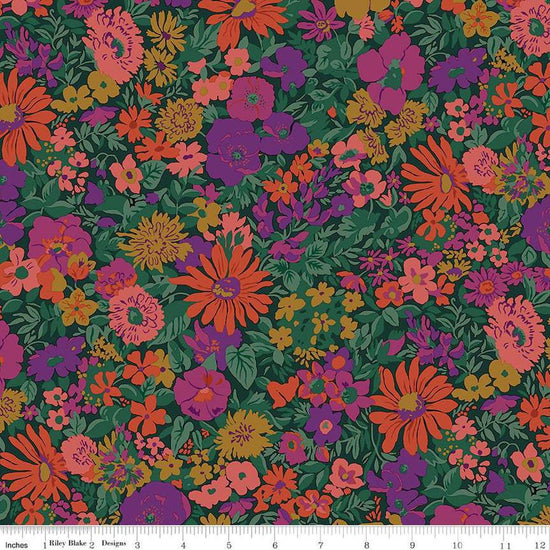 Image of the Wide Width Collection Malvern Field A quilting cotton fabric by Riley Blake Designs. Features floral fabrics on a green background. Cute Little Fabric Shop
