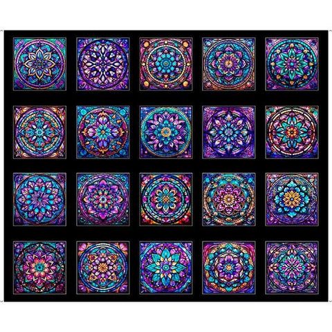 Image of the Night Flight Stained Glass Blocks Panel Black. Features colorful vivid mandalas. 
Cute Little Fabric Shop