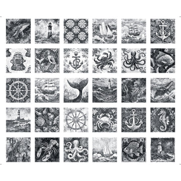 Image of the Ocean Blues Nautical Motif Patches Charcoal panel by QT fabrics. Features gray ocean themed pictures. 
Cute Little Fabric Shop