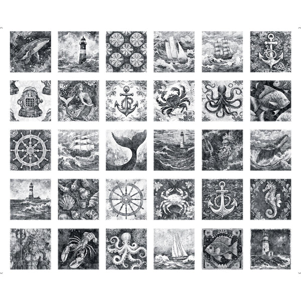 Image of the Ocean Blues Nautical Motif Patches Charcoal panel by QT fabrics. Features gray ocean themed pictures. 
Cute Little Fabric Shop