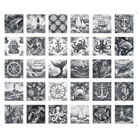 Image of the Ocean Blues Nautical Motif Patches Charcoal panel by QT fabrics. Features gray ocean themed pictures. 
Cute Little Fabric Shop