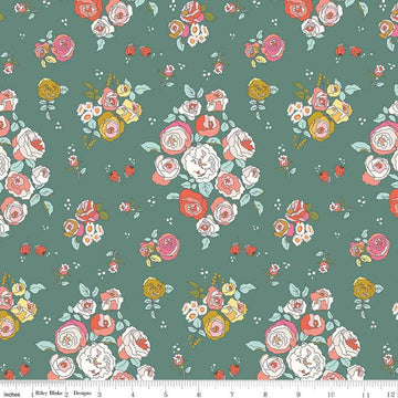 Image of the Sunsetridge Main Lodge Pole quilting cotton fabric by Minki Kim for Riley Blake Designs. Features flowers on a green background. Cute Little Fabric Shop
