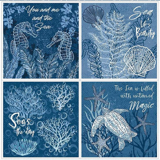Image of the Ocean Oasis Seas the Day Panel by Diane Labombarbe for Riley Blake Designs. Features ocean life on blue. Cute Little Fabric Shop