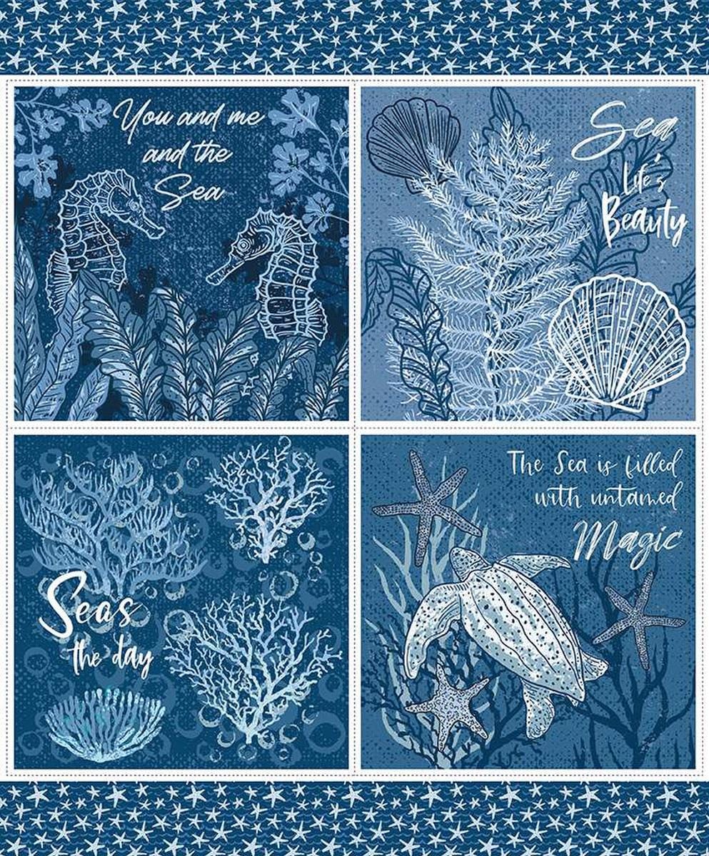Image of the Ocean Oasis Seas the Day Panel by Diane Labombarbe for Riley Blake Designs. Features ocean life on blue. Cute Little Fabric Shop