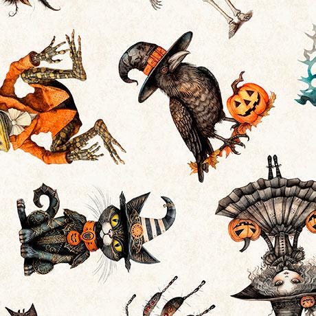 Image of the Jeepers Creepers Halloween Character Toss Cream quilting cotton fabric. Features halloween icons on a white background. Cute Little Fabric Shop