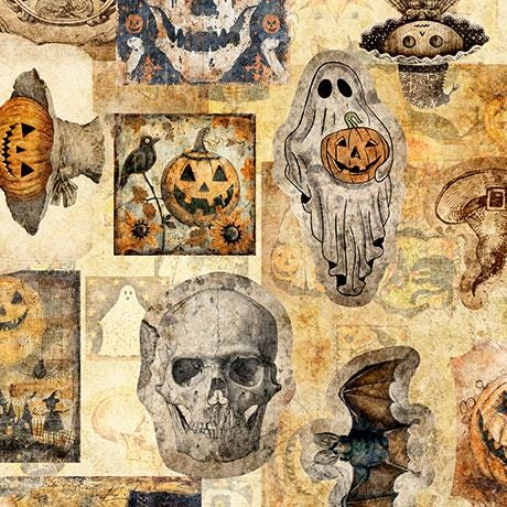 Image of the Jeepers Creepers Decorative Pumpkin Toss Tan quilting cotton fabric. Features halloween icons on a tan background. Cute Little Fabric Shop