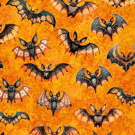 Image of the Jeepers Creepers Bats Orange quilting cotton fabric. Features halloween icons on an orange background. Cute Little Fabric Shop