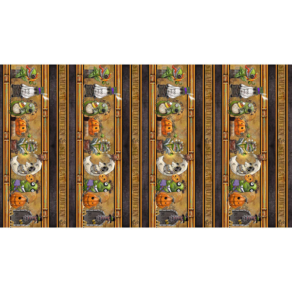 Image of the Steampunk Halloween 3 Border Brown quilting cotton fabric. Features halloween icons on an orange background. Cute Little Fabric Shop