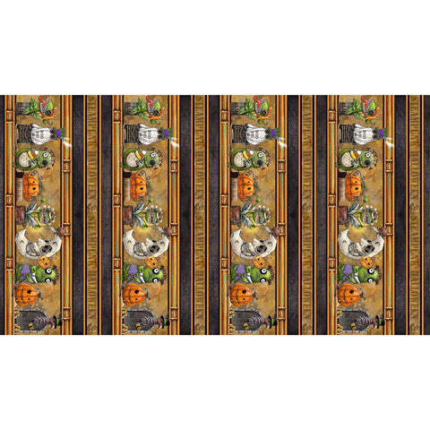 Image of the Steampunk Halloween 3 Border Brown quilting cotton fabric. Features halloween icons on an orange background. Cute Little Fabric Shop