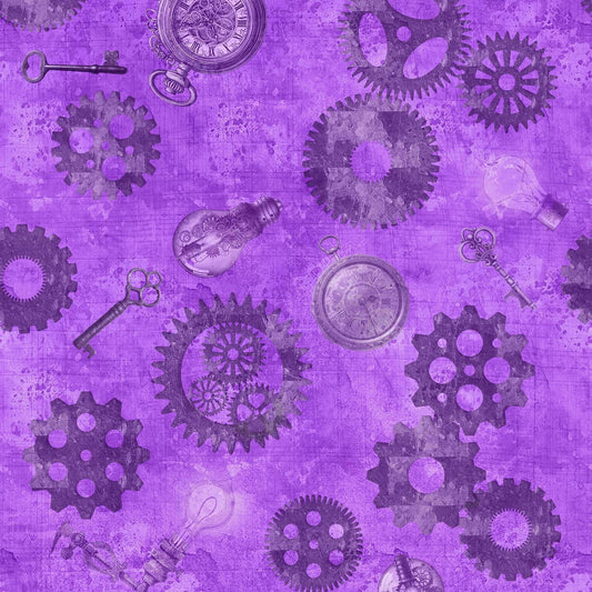 Image of the Steampunk Halloween 3 Gears Purple quilting cotton fabric. Features halloween gears on a purple background. Cute Little Fabric Shop