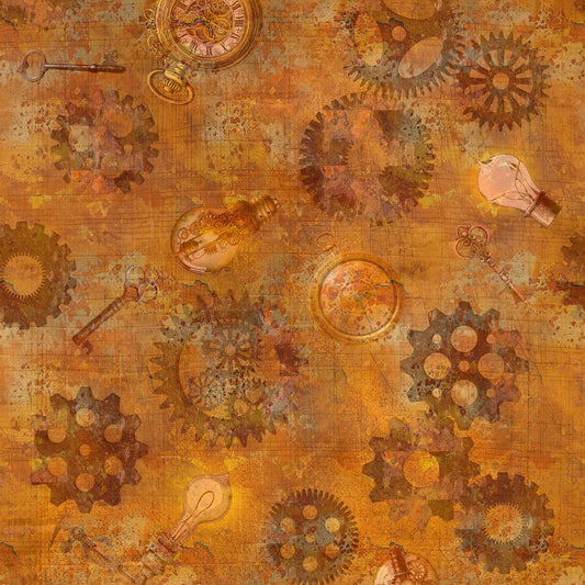 Image of the Steampunk Halloween 3 Gears Pumpkin quilting cotton fabric. Features halloween gears on an orange background. Cute Little Fabric Shop