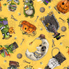 Image of the Steampunk Halloween 3 Halloween Character Toss Yellow quilting cotton fabric. Features halloween icons on a yellow background. Cute Little Fabric Shop