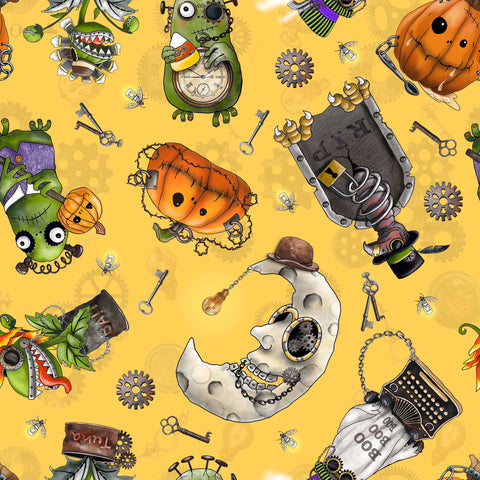 Image of the Steampunk Halloween 3 Halloween Character Toss Yellow quilting cotton fabric. Features halloween icons on a yellow background. Cute Little Fabric Shop