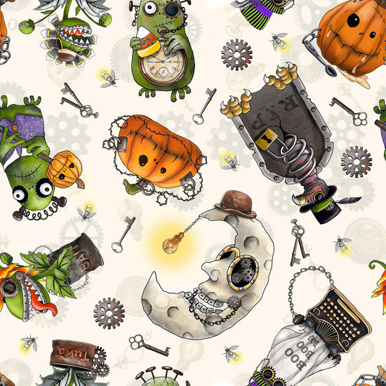 Image of the Steampunk Halloween 3 Halloween Character Toss Cream quilting cotton fabric. Features halloween icons on a cream background. Cute Little Fabric Shop