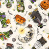 Image of the Steampunk Halloween 3 Halloween Character Toss Cream quilting cotton fabric. Features halloween icons on a cream background. Cute Little Fabric Shop
