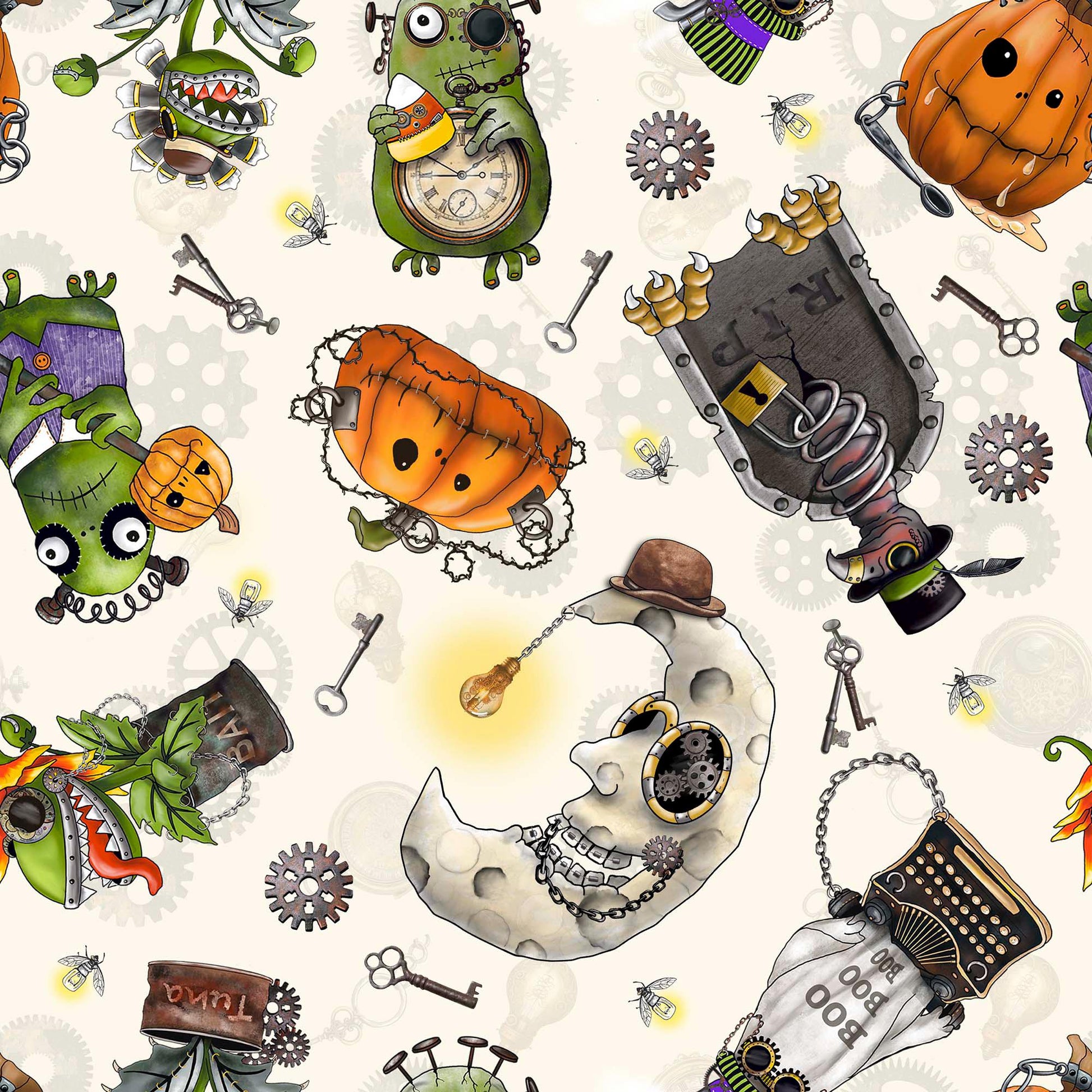 Image of the Steampunk Halloween 3 Halloween Character Toss Cream quilting cotton fabric. Features halloween icons on a cream background. Cute Little Fabric Shop