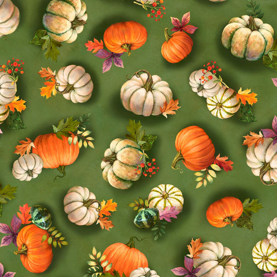 Image of the Cornucopia Harvest Pumpkin Toss Green quilting cotton fabric by Gina Jane Lee for QT Fabrics. Features pumpkins on a green background. Cute Little Fabric Shop