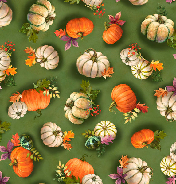Image of the Cornucopia Harvest Pumpkin Toss Green quilting cotton fabric by Gina Jane Lee for QT Fabrics. Features pumpkins on a green background. Cute Little Fabric Shop