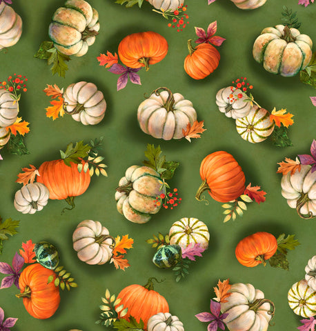 Image of the Cornucopia Harvest Pumpkin Toss Green quilting cotton fabric by Gina Jane Lee for QT Fabrics. Features pumpkins on a green background. Cute Little Fabric Shop