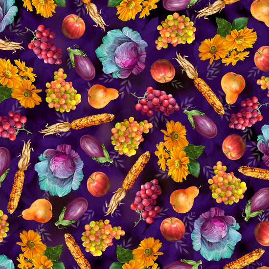 Image of the Cornucopia Harvest Harvest Fruits & Floral Wine quilting cotton fabric by Gina Jane Lee for QT Fabrics. Features pumpkins on a purple background. Cute Little Fabric Shop